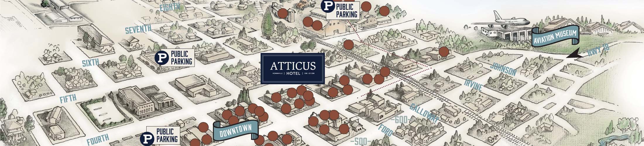 Parking map showing location of public lots in regards to Atticus Hotel.