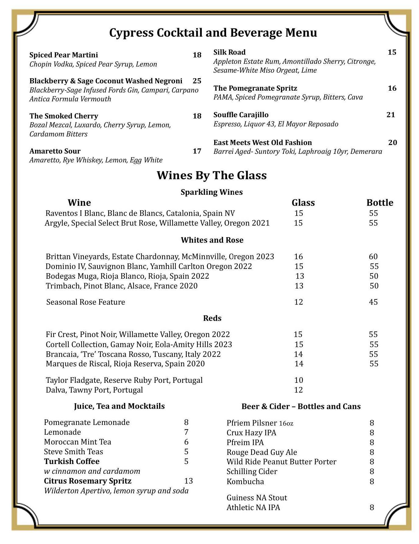 Cypress Beverage Menu