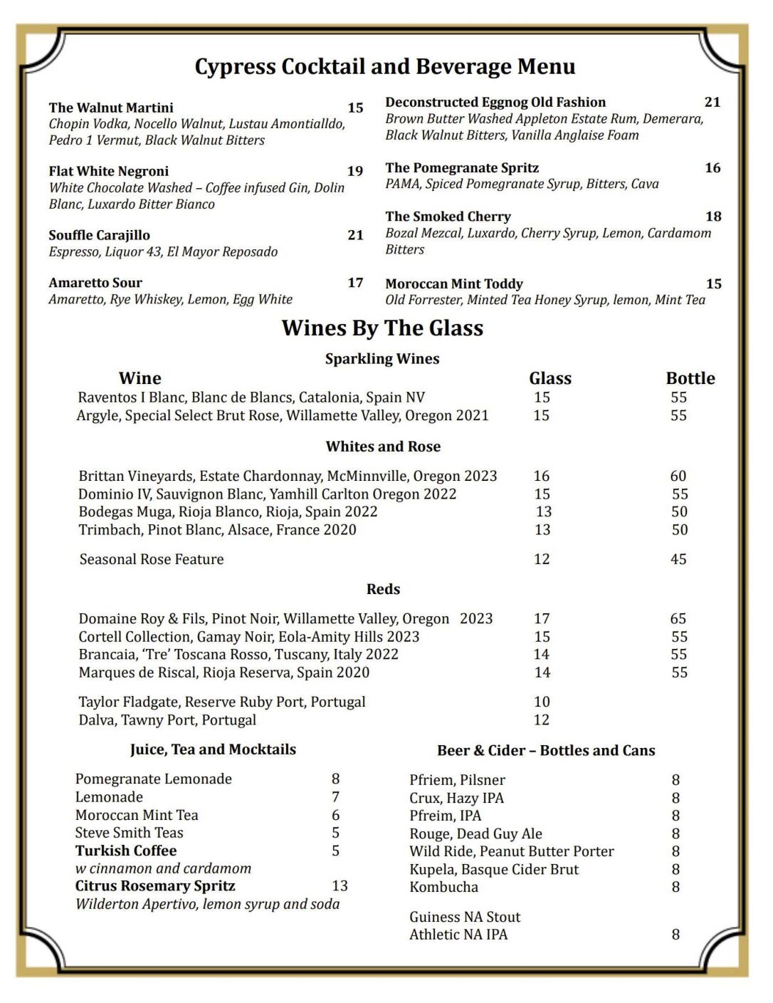Cypress Beverage Menu
