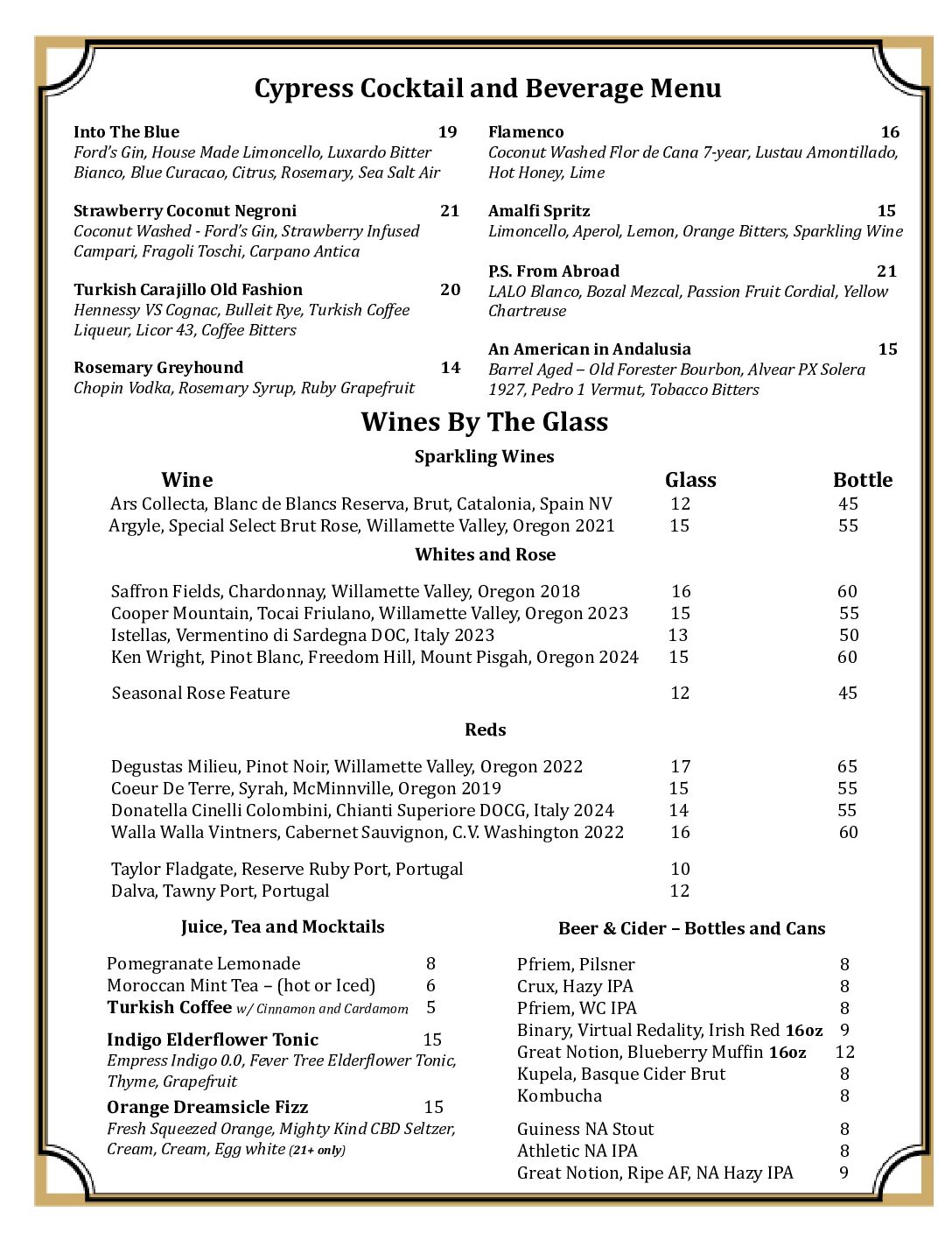 Cypress Beverage Menu
